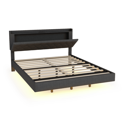 Cama estofada em linho 160x200 cm - com porta de carregamento USB e LED - com estrado - Cinzento