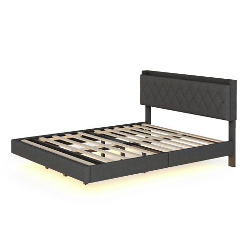 Cama estofada em linho 160x200 cm - com porta de carregamento USB e LED - com estrado - Cinzento