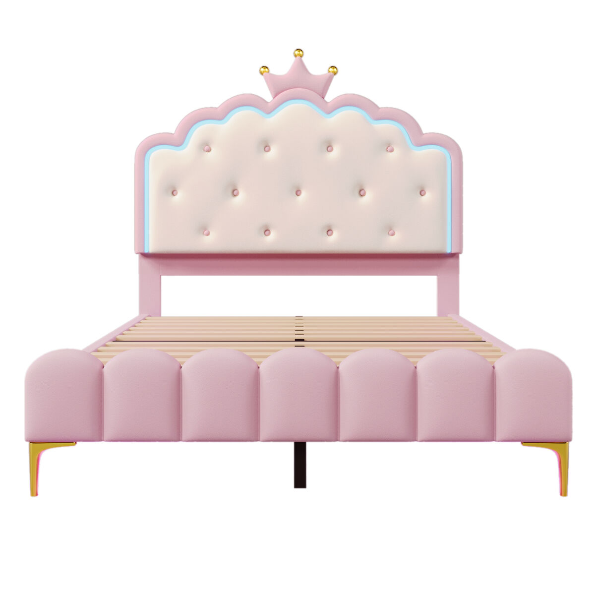 Cama tapizada 140x200 cm con led - material piel sintética - con somier - rosa