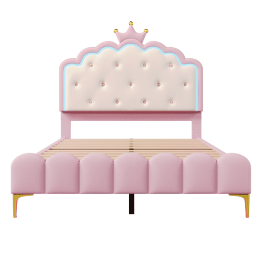 Cama estofada 140x200 cm com LED - Pele sintética - com estrado de molas - Rosa