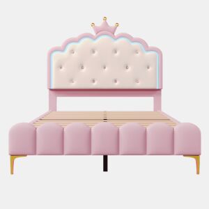 Cama estofada 140x200 cm com LED - Pele sintética - com estrado de molas - Rosa
