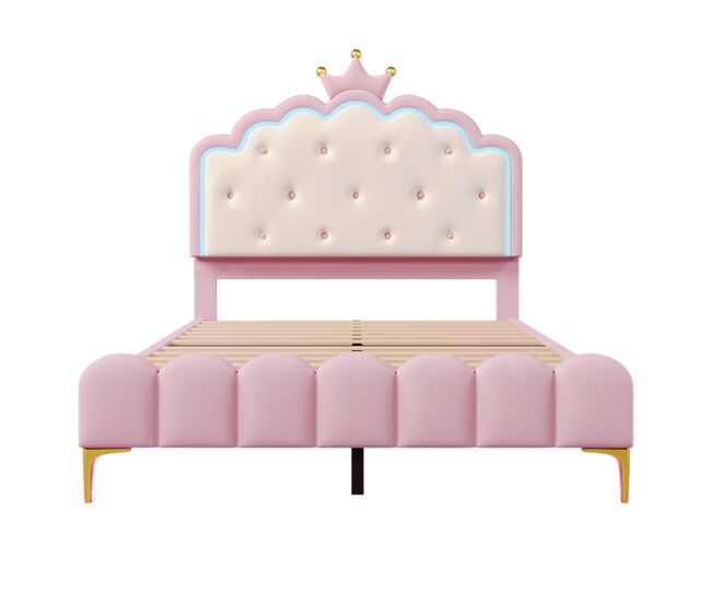 Cama tapizada 140x200 cm con led - material piel sintética - con somier - rosa