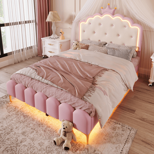 Cama estofada 140x200 cm com LED - Pele sintética - com estrado de molas - Rosa