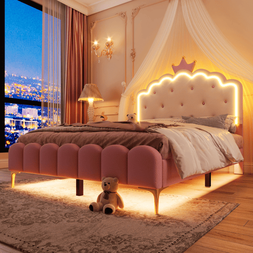Cama estofada 140x200 cm com LED - Pele sintética - com estrado de molas - Rosa
