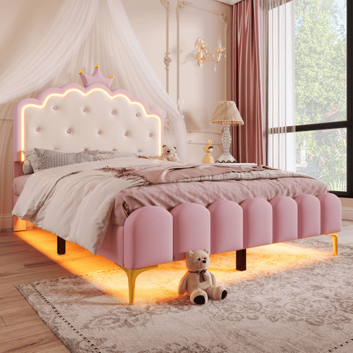 Cama estofada 140x200 cm com LED - Pele sintética - com estrado de molas - Rosa