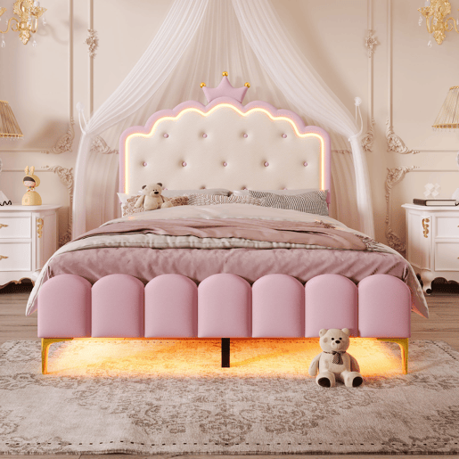 Cama estofada 140x200 cm com LED - Pele sintética - com estrado de molas - Rosa