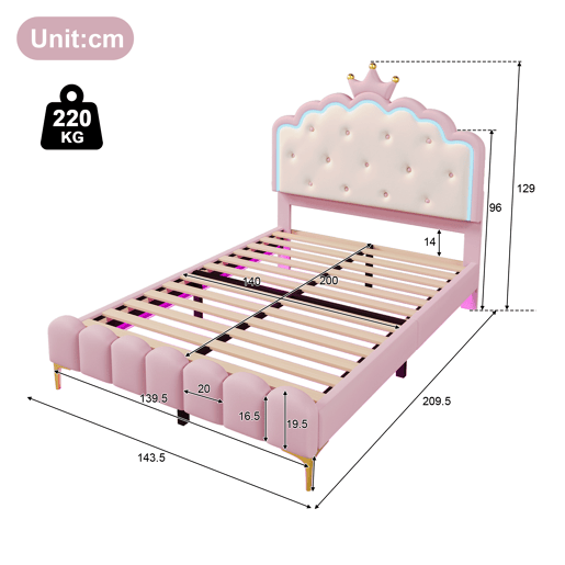 Cama estofada 140x200 cm com LED - Pele sintética - com estrado de molas - Rosa