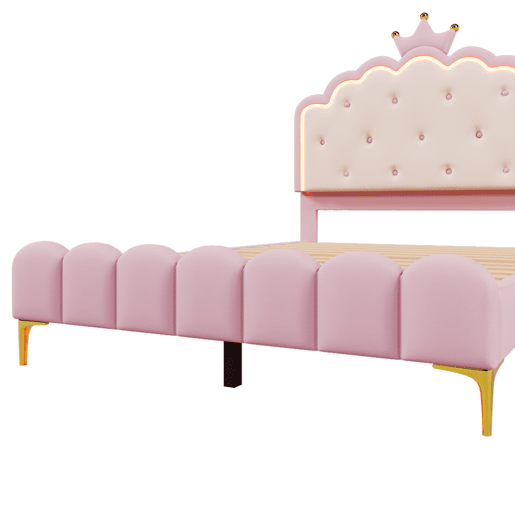 Cama estofada 140x200 cm com LED - Pele sintética - com estrado de molas - Rosa