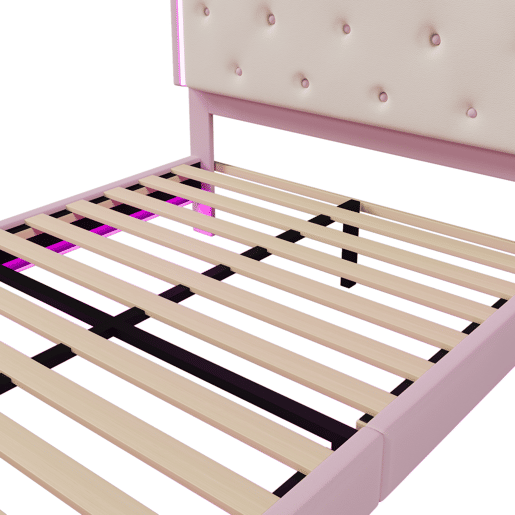 Cama estofada 140x200 cm com LED - Pele sintética - com estrado de molas - Rosa