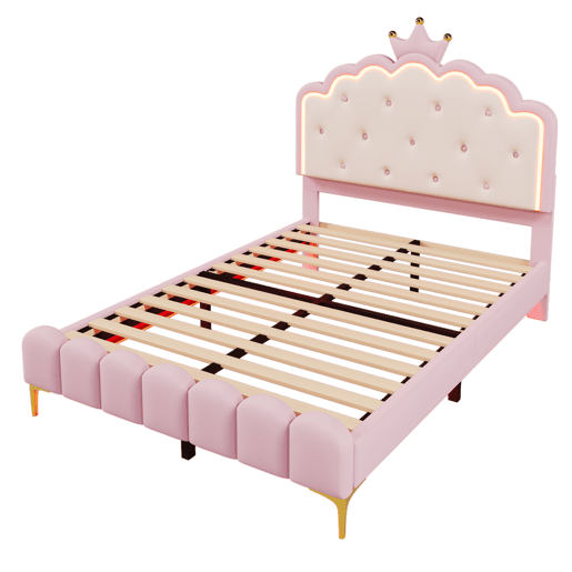 Cama estofada 140x200 cm com LED - Pele sintética - com estrado de molas - Rosa