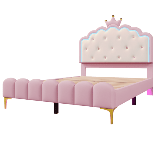 Cama estofada 140x200 cm com LED - Pele sintética - com estrado de molas - Rosa