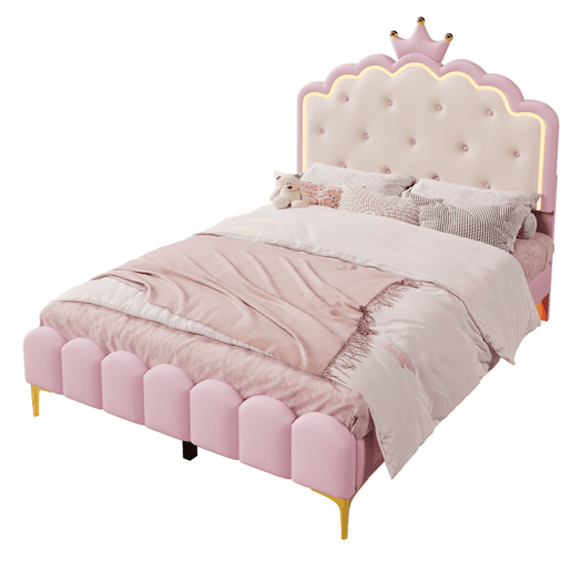 Cama estofada 140x200 cm com LED - Pele sintética - com estrado de molas - Rosa