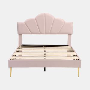 Cama de criança em veludo - 140x190cm - cabeceira em forma de concha - Rosa