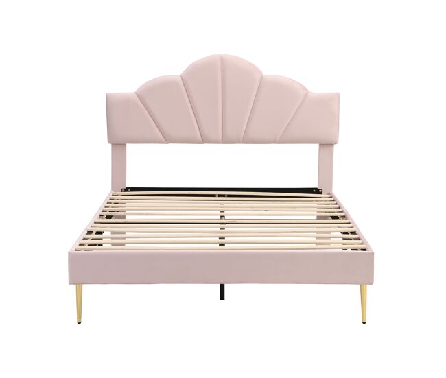Cama infantil de terciopelo - 140x190cm - cabecero en forma de concha - rosa