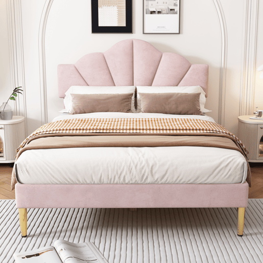 Cama de criança em veludo - 140x190cm - cabeceira em forma de concha - Rosa