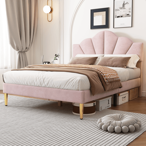 Cama de criança em veludo - 140x190cm - cabeceira em forma de concha - Rosa
