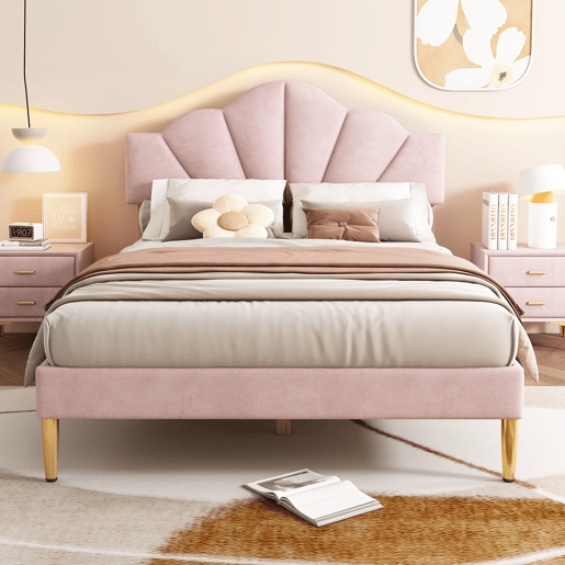 Cama de criança em veludo - 140x190cm - cabeceira em forma de concha - Rosa