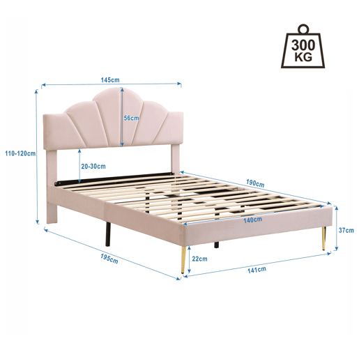 Cama de criança em veludo - 140x190cm - cabeceira em forma de concha - Rosa