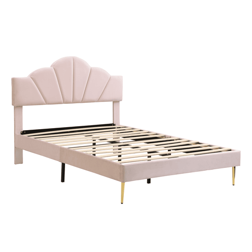 Cama de criança em veludo - 140x190cm - cabeceira em forma de concha - Rosa