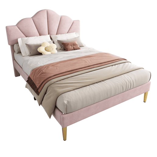 Cama de criança em veludo - 140x190cm - cabeceira em forma de concha - Rosa