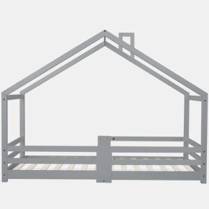 Cama de cabina com grelha de proteção - 90x200cm - madeira maciça - Cinzento