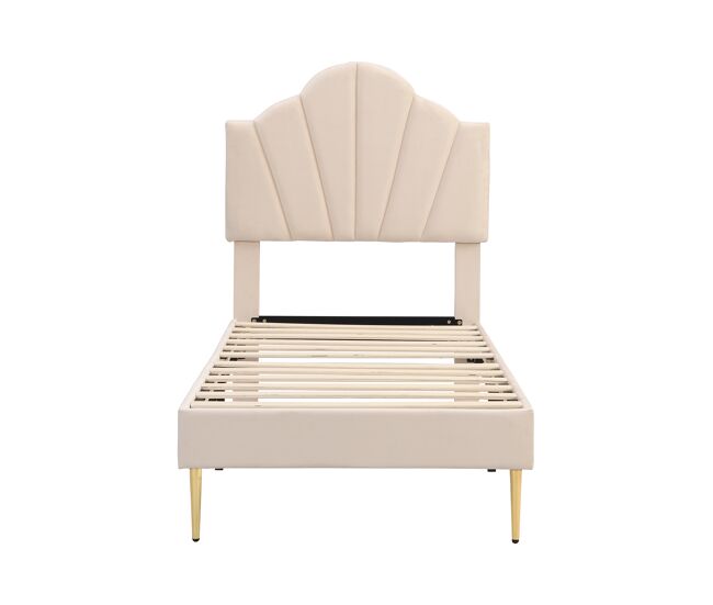 Cama infantil de terciopelo - 90x200cm - cabecero en forma de concha - beige