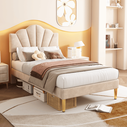 Cama de criança em veludo - 90x200cm - cabeceira em forma de concha - Bege