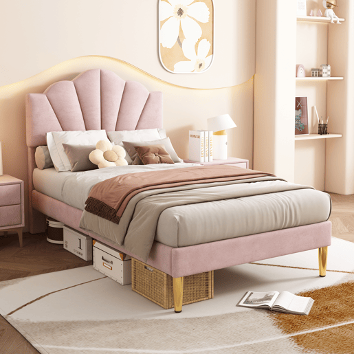 Cama de veludo para criança - 90x200cm - cabeceira em forma de concha - Rosa