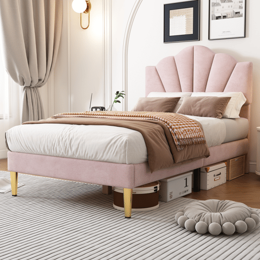 Cama de veludo para criança - 90x200cm - cabeceira em forma de concha - Rosa