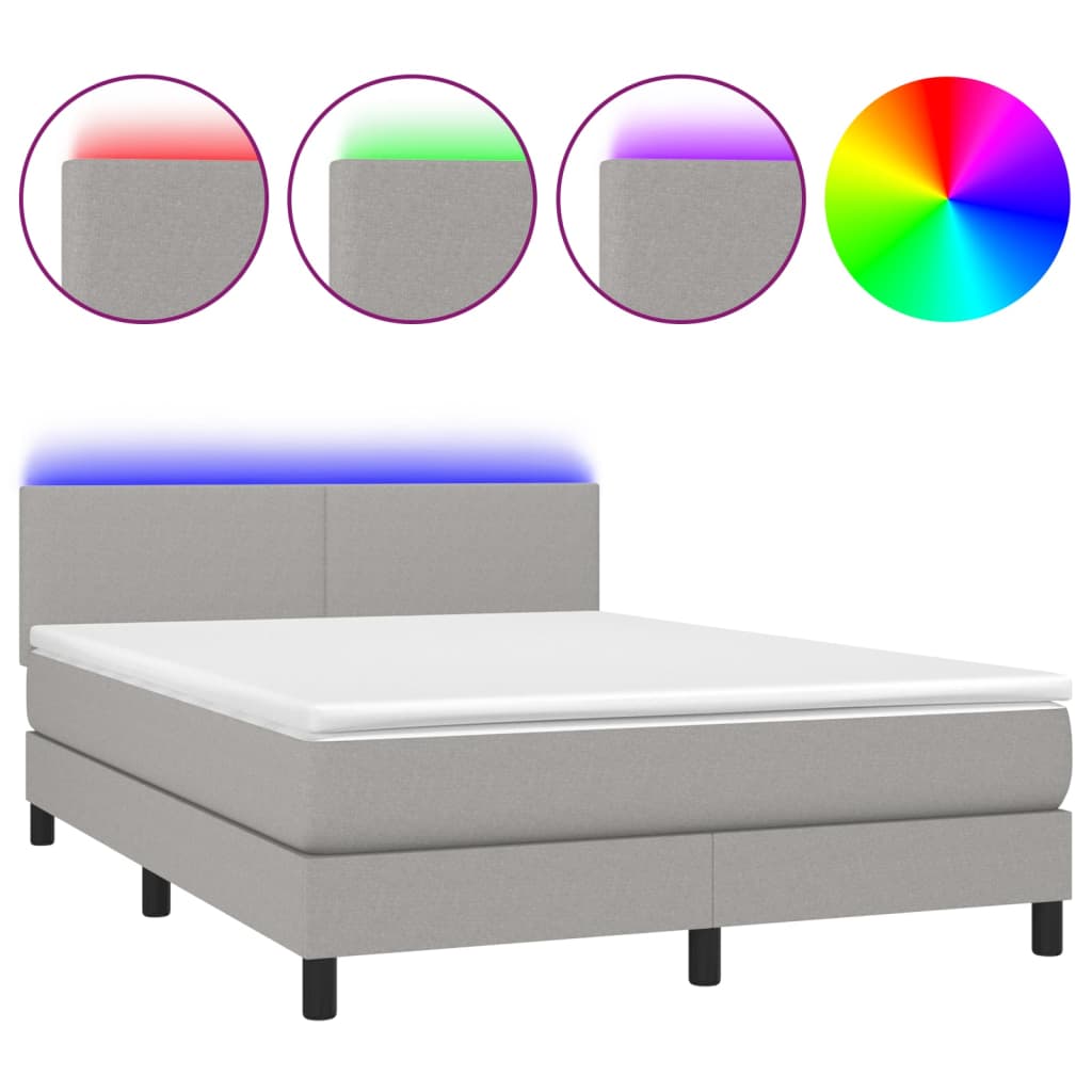 Cama box spring con colchón tela y led gris claro 140x200 cm diseño plano