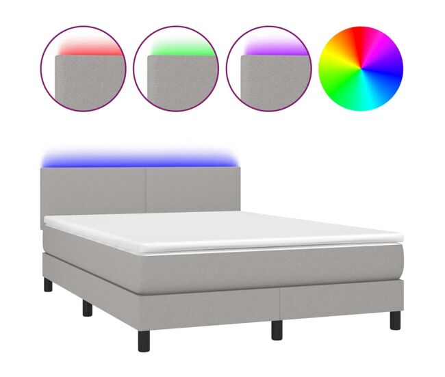 Cama box spring con colchón tela y led gris claro 140x200 cm diseño plano