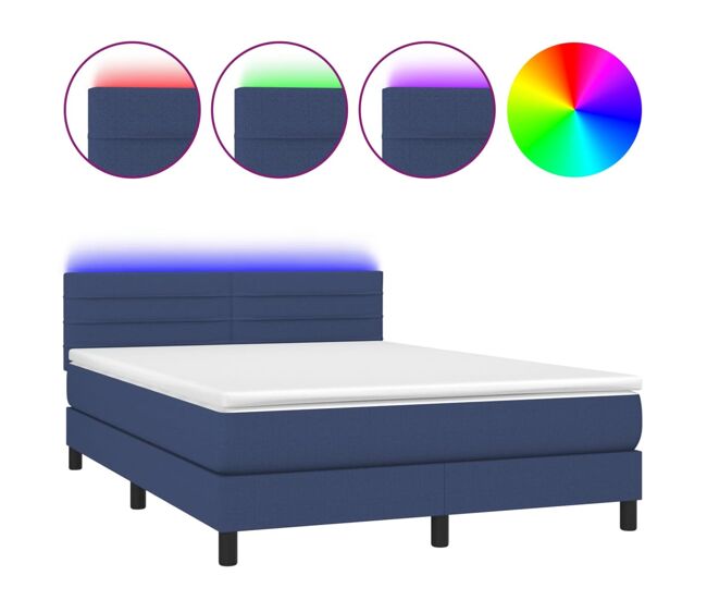 Cama box spring colchón y luces led tela azul 140x190 cm rayas horizontales