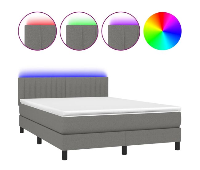 Cama box spring colchón y luces led tela gris oscuro 140x200 cm rayas verticales