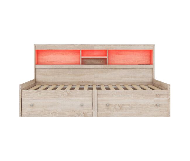 Sofá cama 90x200 cm - con toma usb y 2 cajones - somier de láminas - natural