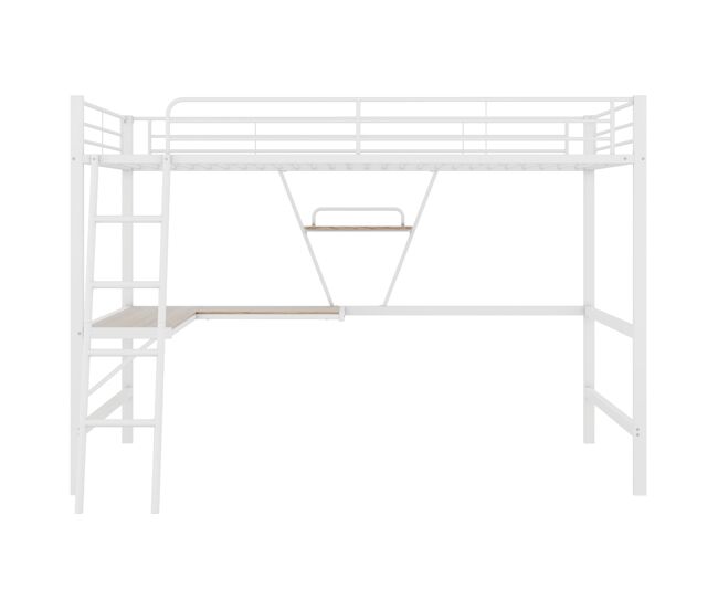 Cama entrepiso de hierro - 90x200 cm - con escritorio esquinero y estante - blanco