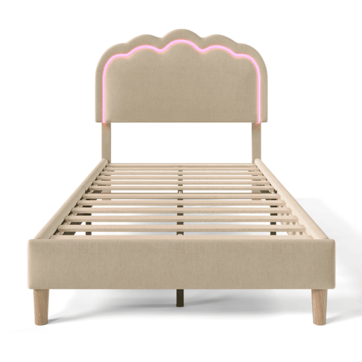 Cama estofada em linho 90x200 - com LED e estrado - Bege