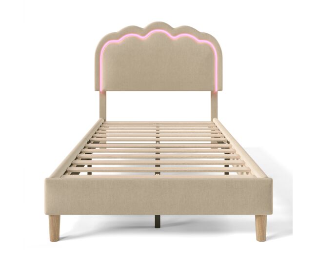 Cama 90x200 tapizada en lino - con led y somier - beige