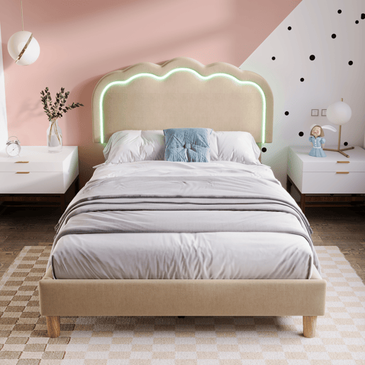 Cama estofada em linho 90x200 - com LED e estrado - Bege