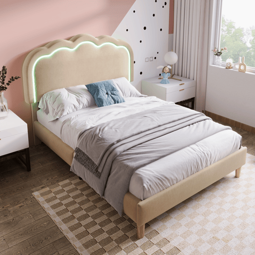 Cama estofada em linho 90x200 - com LED e estrado - Bege