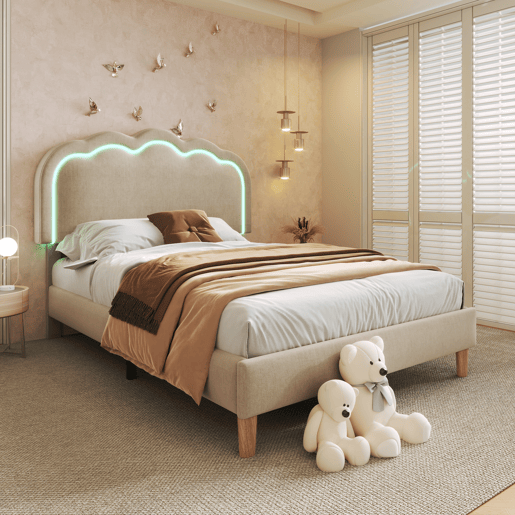 Cama estofada em linho 90x200 - com LED e estrado - Bege