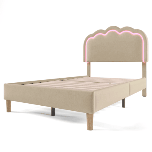 Cama estofada em linho 90x200 - com LED e estrado - Bege