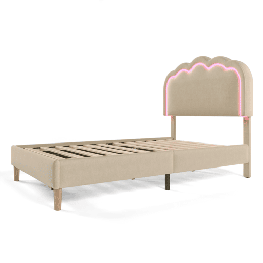 Cama estofada em linho 90x200 - com LED e estrado - Bege