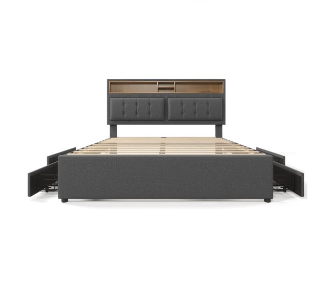 Cama de adulto tapizada con 4 cajones y puerto de carga usb - 140x200cm - tela de lino - gris