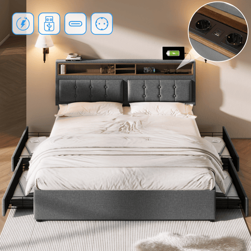 Cama de adulto estofada com 4 gavetas e porta de carregamento USB - 140x200cm - Tecido de linho - Cinzento