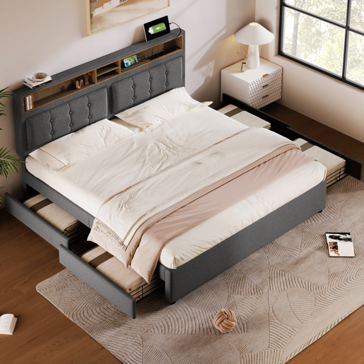 Cama de adulto estofada com 4 gavetas e porta de carregamento USB - 140x200cm - Tecido de linho - Cinzento