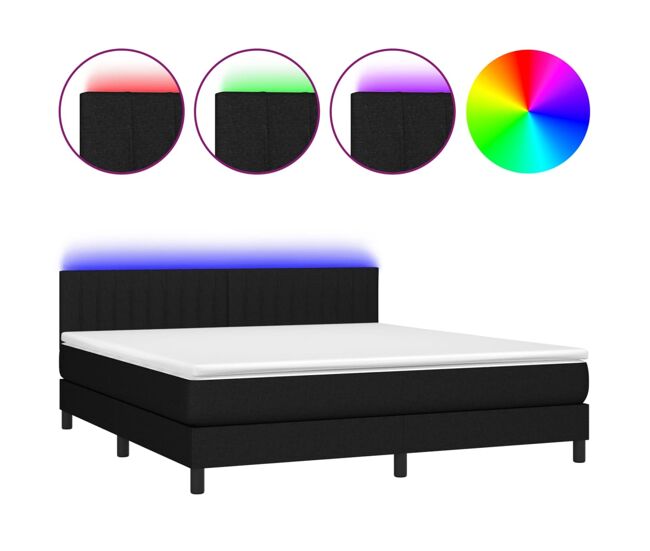 Cama box spring colchón y luces led tela negro 160x200 cm rayas verticales