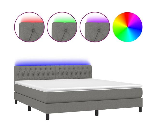 Cama box spring colchón y luces led tela gris oscuro 180x200 cm diseño de botones