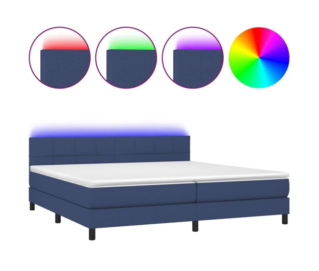 Cama box spring colchón y luces led tela azul 200x200 cm bloques con cuadros