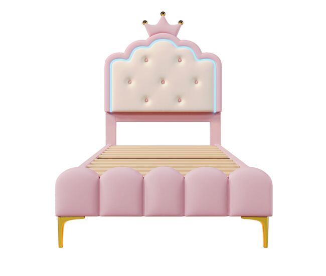 Cama tapizada 90x200 cm con led - material piel sintética - con somier - rosa