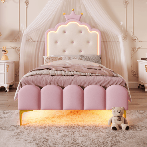 Cama estofada 90x200 cm com LED - Pele sintética - com estrado de molas - Rosa